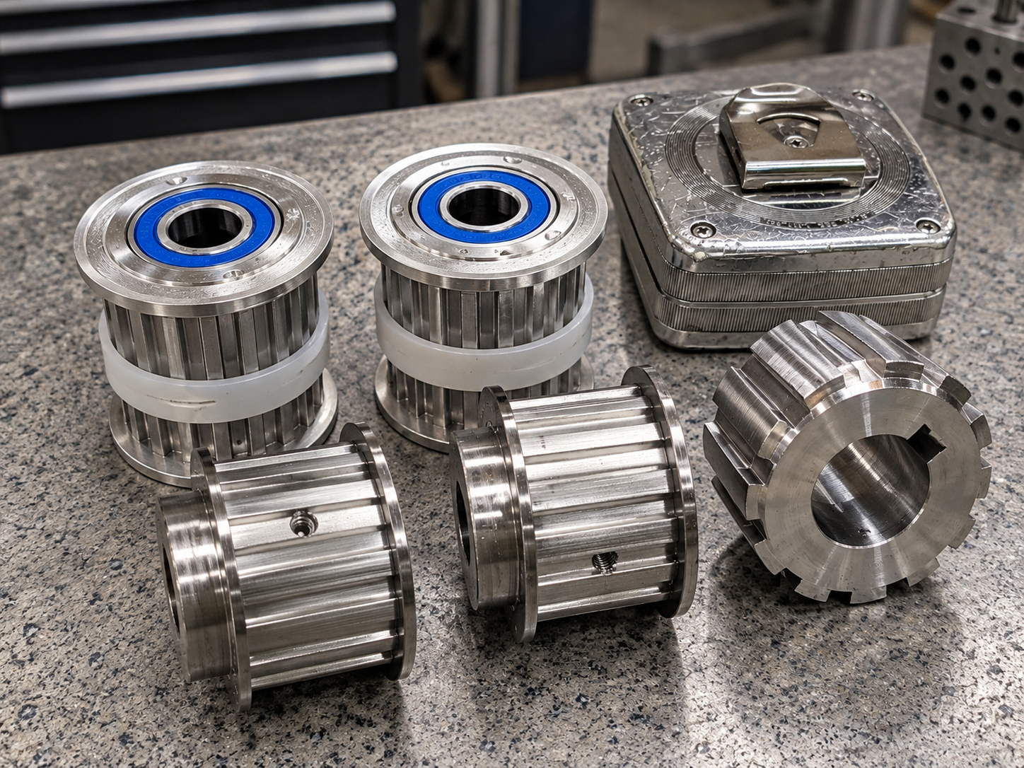 Precision machined custom metal parts on workshop bench