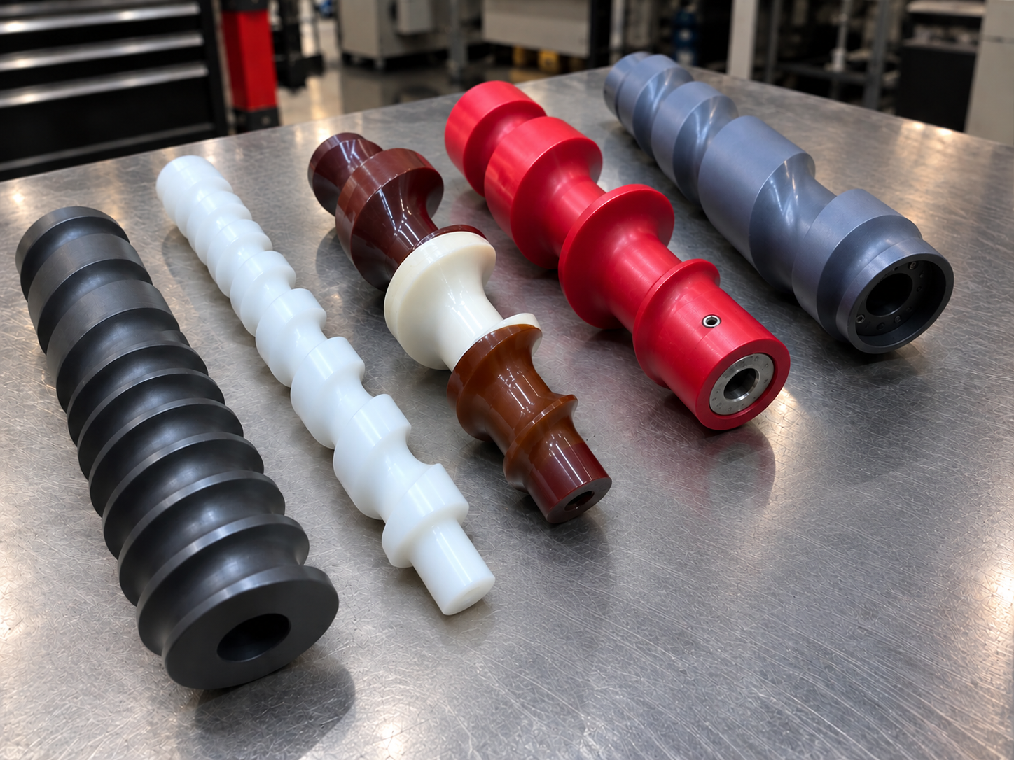 Assortment of timing screws in different materials and colors on steel workbench